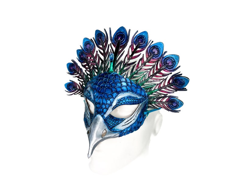 Metallic Blue Peacock Handmade Genuine Leather Mask image 9