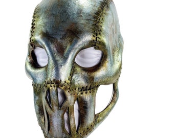 Invader - Genuine Leather Mask in Corroded Metallic Paint - Handmade Full Face Cover for Halloween, Performance or Cosplay
