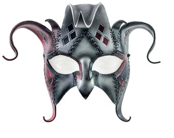 The Joker's Card-Joker Jester Handmade Genuine Leather Mask in Red