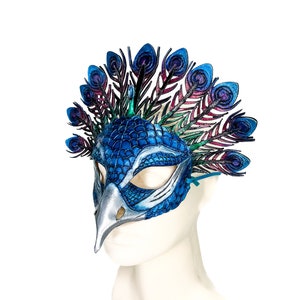 Metallic Blue Peacock Handmade Genuine Leather Mask