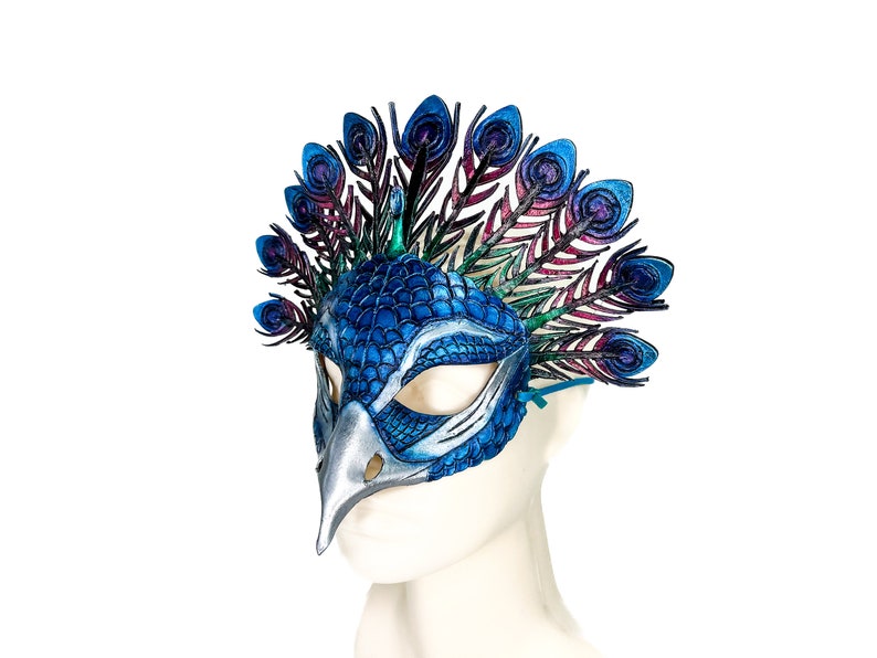 Metallic Blue Peacock Handmade Genuine Leather Mask image 1