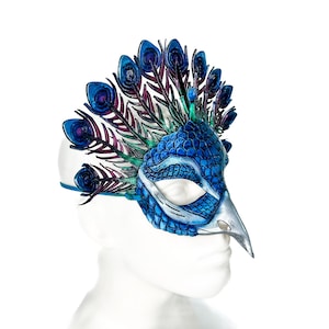 Metallic Blue Peacock Handmade Genuine Leather Mask image 2