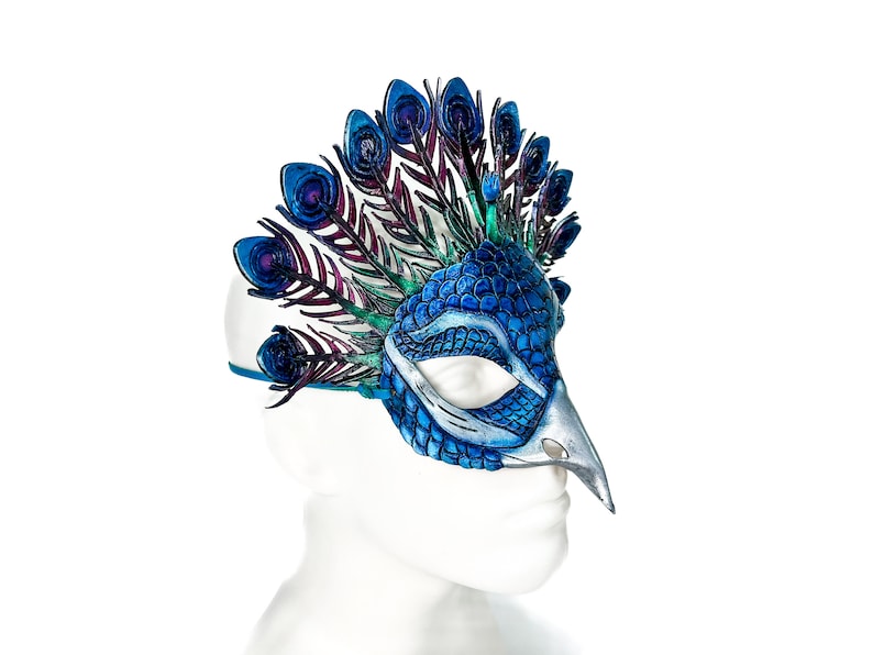 Metallic Blue Peacock Handmade Genuine Leather Mask image 2