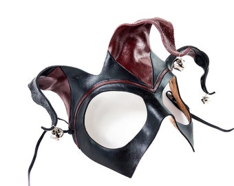 Handmade Genuine Leather Jester Mask in Red and Black With Silver Bells