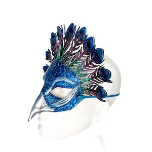 Metallic Blue Peacock Handmade Genuine Leather Mask image 8