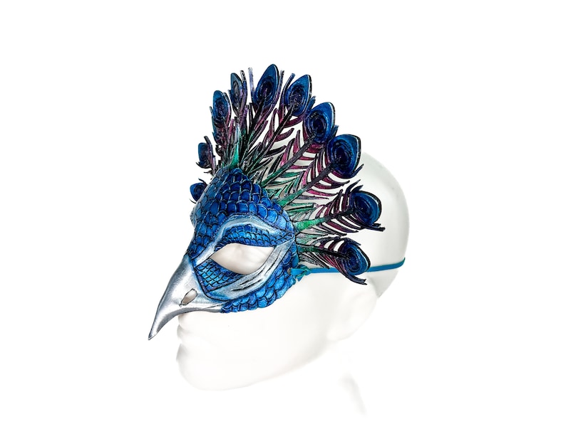 Metallic Blue Peacock Handmade Genuine Leather Mask image 8