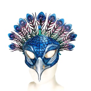 Metallic Blue Peacock Handmade Genuine Leather Mask image 5