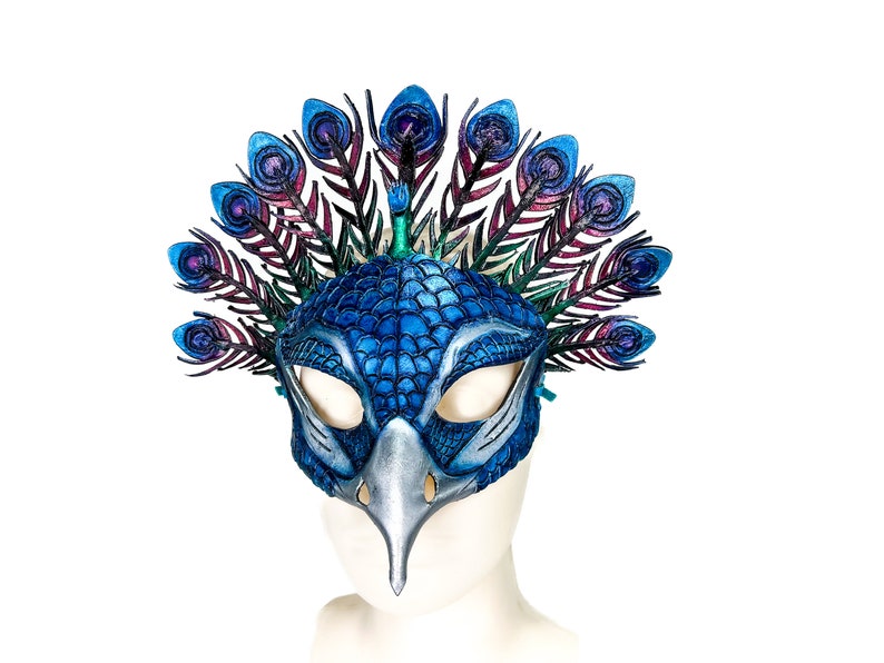 Metallic Blue Peacock Handmade Genuine Leather Mask image 5