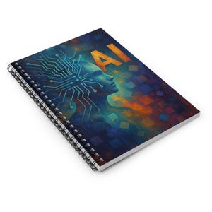 Pode incluir: Caderno espiral com a palavra "AI" em laranja na capa. O design apresenta um perfil humano fundido com padrões de circuitos impressos, em um fundo de tons azuis, laranjas e turquesas. O caderno é espiral.