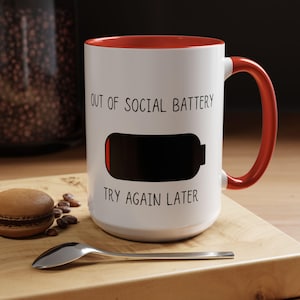 Personalized Social Battery Coffee Mug | Funny Gift for Introverts, Office Humor, Unique Housewarming Present, Motivational Cup