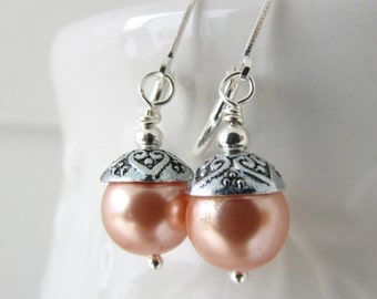 Acorn Earrings, Acorn Pearl Earrings, Rose Peach Earrings, Swarovski Earrings, Dangle Earrings, Swarovski Jewelry