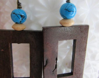Wooden Rectangular Turquiose Earrings Brass Wooden Dangle Earrings
