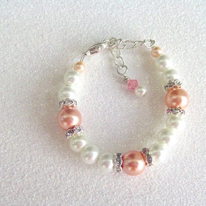Baby Bracelet, Rose Peach Bracelet, Pearl Bracelet, Baptism Gift, Birthday Gift, Mother Day Gift, Baby Gift, Free US Shipping