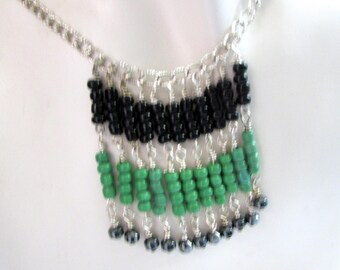 Black Green Gray Seed Bead Silver Necklace Silver Jewerly Seed Bead Jewelry