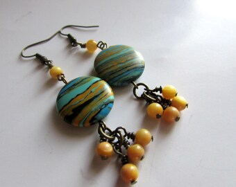Green Tan Glass Dangle Earrings, Beaded Cluster on Brass