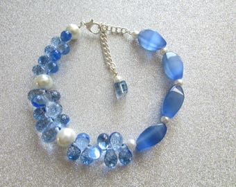 Blue White Pearl Bracelet with Blue Cat Eye Beads, Silver Chain Extension