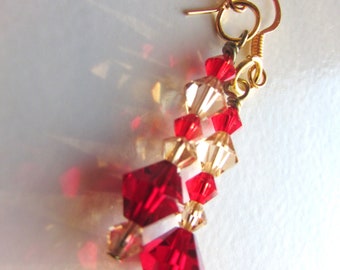 Swarovski Siam Red & Champagne Dangle Earrings: Gold Plated