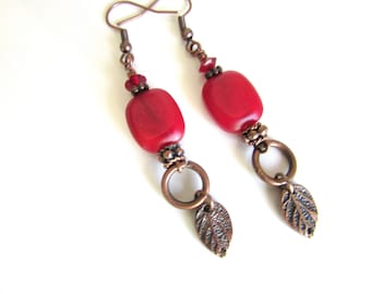 Red Glass Beaded Leaf Earrings: Copper Dangle Jewelry