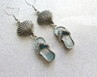 Silver Seashell Flip Flop Earrings: Blue Charm Dangle Jewelry