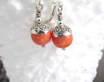 Orange Swarovski Pearl Earrings: Silver Dangle Lever Backs