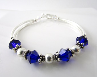 Cobalt Blue Swarovski Bracelet: Silver Plated Beaded Bangle