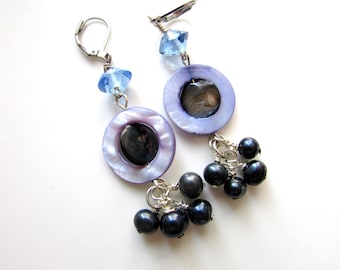 Lavender Blue Cluster Dangle Earrings: Shell & Glass