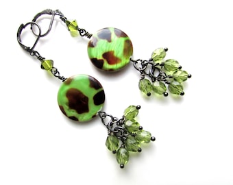 Neon Green Swarovski Pearl Dangle Earrings, Brass Summer Jewelry