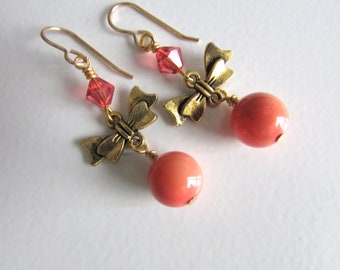 Coral Bead Gold Bow Dangle Earrings: Swarovski Crystal Accents