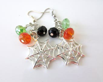 Spiderweb Dangle Earrings, Beaded Halloween Jewelry