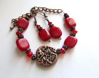 Red Copper Bracelet Earrings Set: Beaded Jewelry