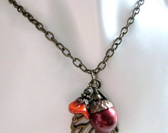Brass Leaf Bordaux Acorn Rusty Orange Flower Long Brass Necklace BRASS Jewelry