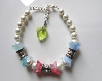 Hot Pink Flower Bracelet: Blue & White Beads, Silver Accents