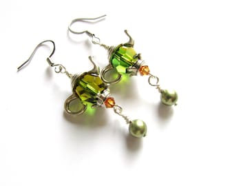 Teapot Dangle Earrings: Green Topaz Crystal Teacup, Silver Jewelry