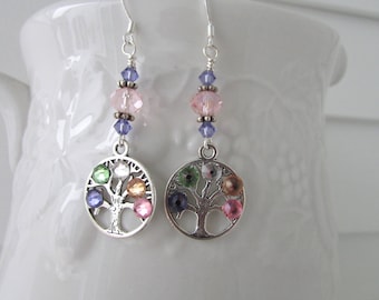Family Tree Earrings: Swarovski Birthstone Dangle Earrings