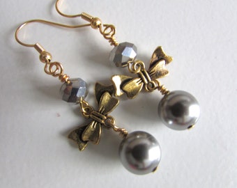 Grey Pearl Earrings Gold Bow Earrings Dangle Earrings Pearl Gold Earrings Gold Jewelry