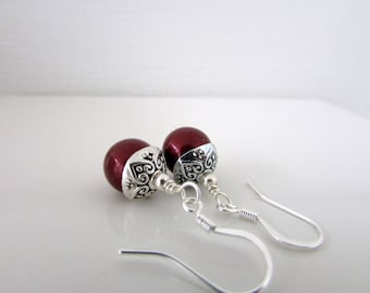 Bordeaux Swarovski Pearl Acorn Earrings: Silver Plated Dangle Jewelry