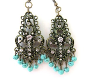 Turquoise Chandelier Earrings: Patina Brass Rhinestone Jewelry