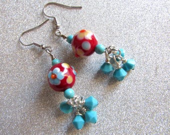 Handmade Red Floral Glass Earrings with Turquoise Beads