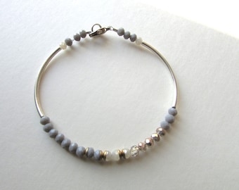Grey Crystal Beaded Bangle Bracelet: Silver Plated