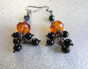 Orange Black Cluster Dangle Earrings