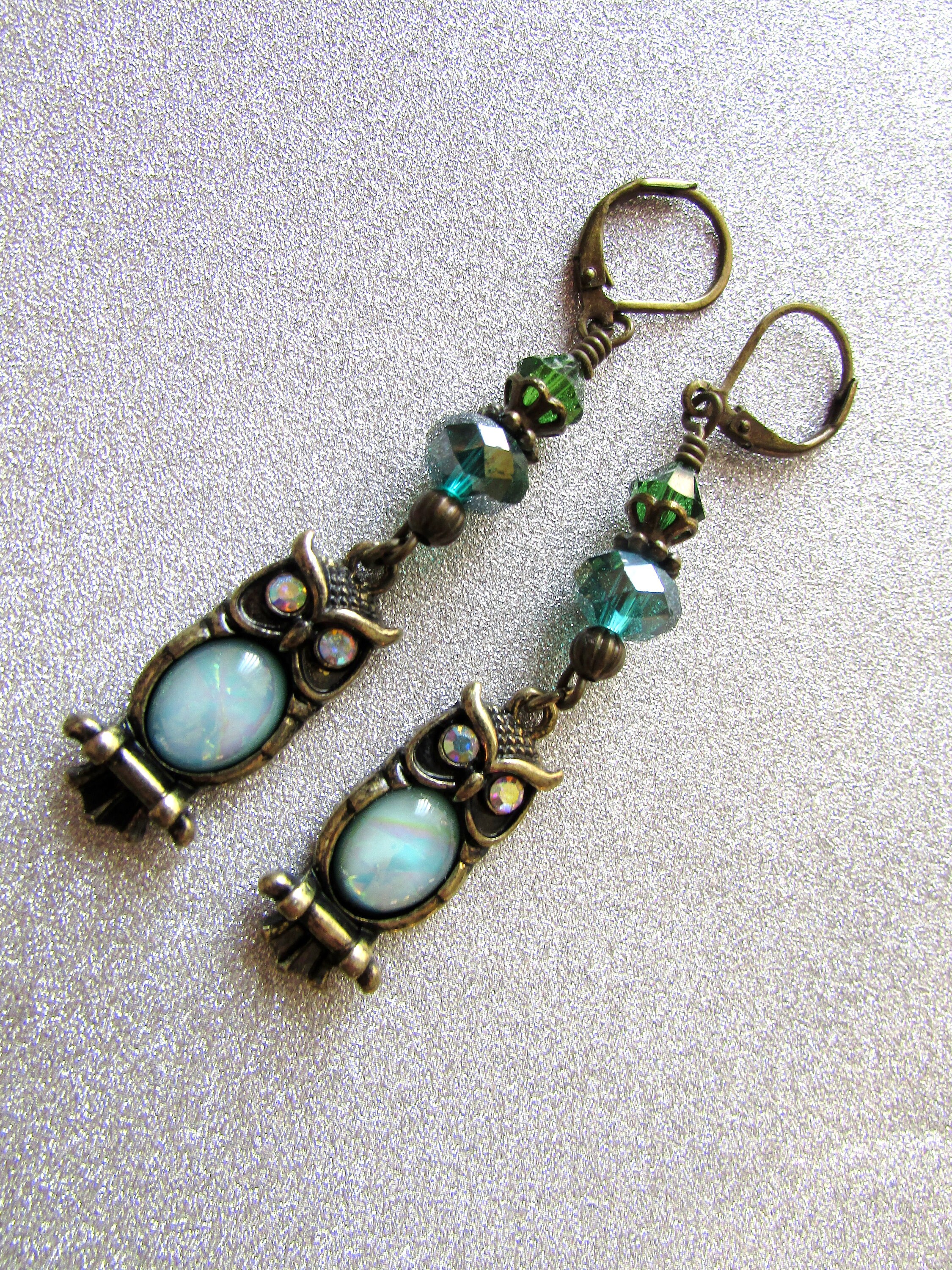 Owl Earrings Green Owl Brass Earrings Owl Dangle Earrings Dangle Owl Brass Earrings Brass Jewelry