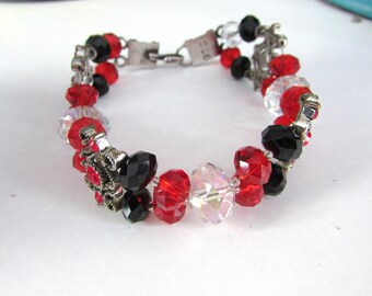 Red Black Crystal Bracelet: Hand Wired Silver Toggle Clasp