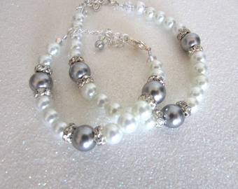 Mommy and Me Pearl Bracelets: Grey & White Swarovski Crystal