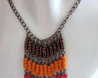 Orange Brown Red Seedbead Bronze Necklace Bronze Jewelry