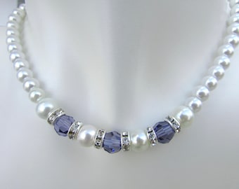 Children's Pearl Necklace: Tanzanite Swarovski Crystal, Rhinestone Rondelles