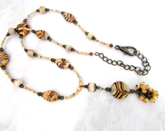 Beaded Animal Print Y Necklace, Glass Cheetah Beads