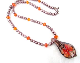 Lampwork Flower Pendant Necklace: Pearl & Copper Beads