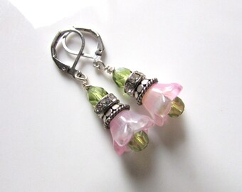 Pink Green Flower Earrings: Beaded Dangle Drop Earrings