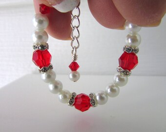 Swarovski Baby Bracelet, Red Crystal Pearl, July Birthday Gift