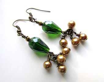 Green Teardrop Dangle Earrings: Gold Glass Bead Cluster, Brass Earwires